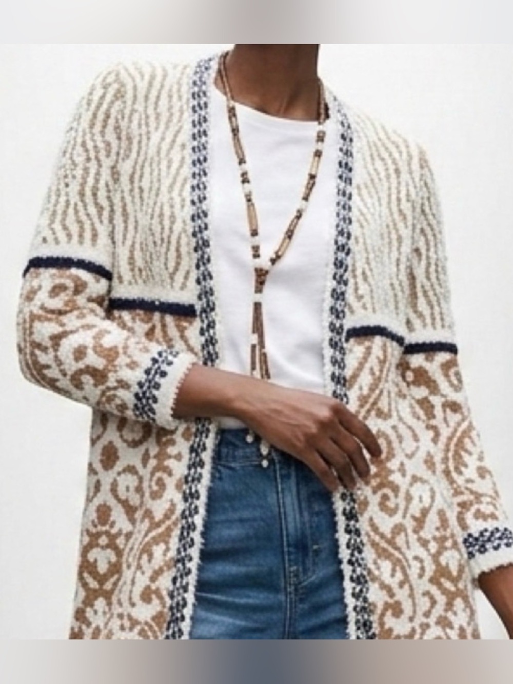 Chico’s Women’s Tan and Cream Patterned Open-Front Sweater Cardigan Lagenlook